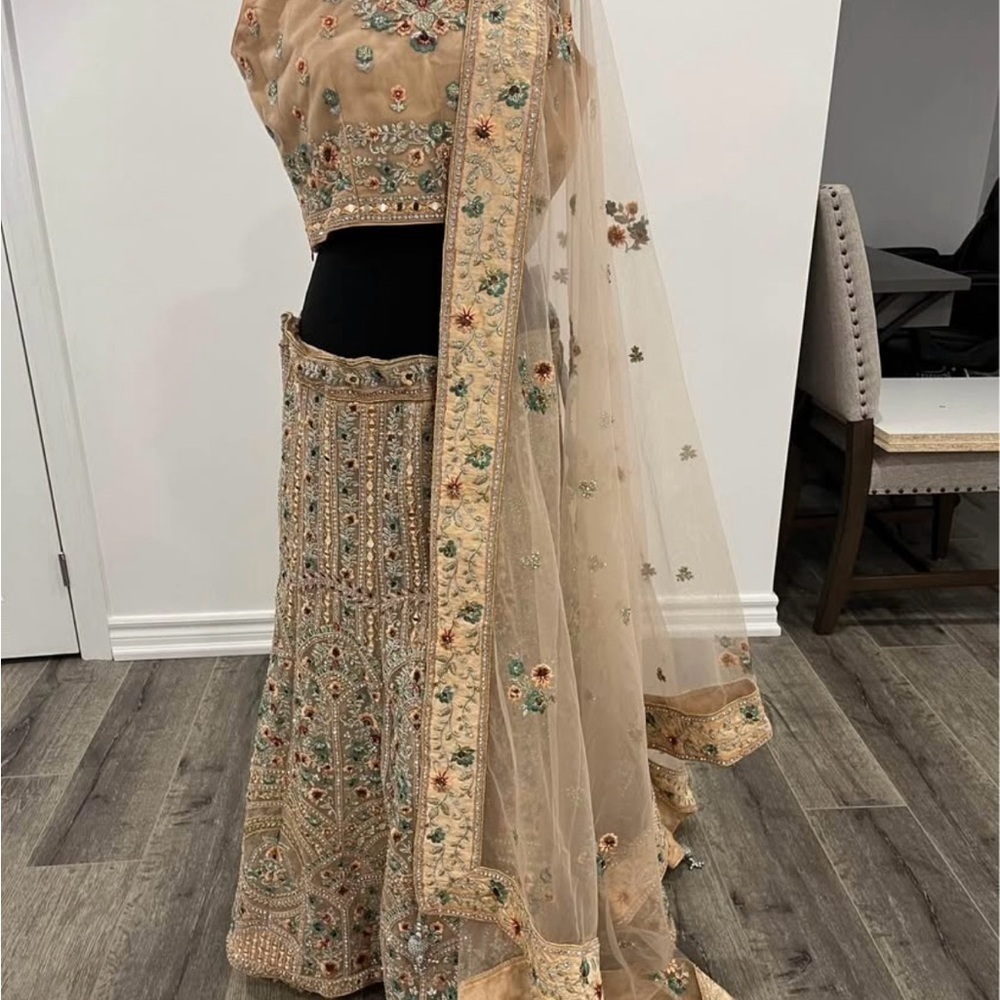Embroidered Beige Lehenga Choli Set - Picture 3 of 11